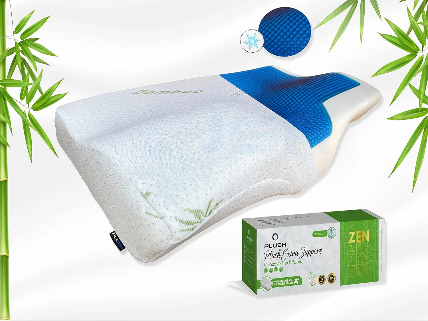 PLUSH Memory Foam Cooling Cervical Contour Pillow with Hypoallergenic Cover